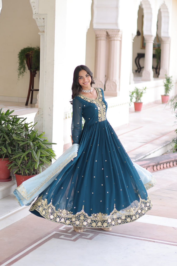 Blue Embroidered Gown with Dupatta