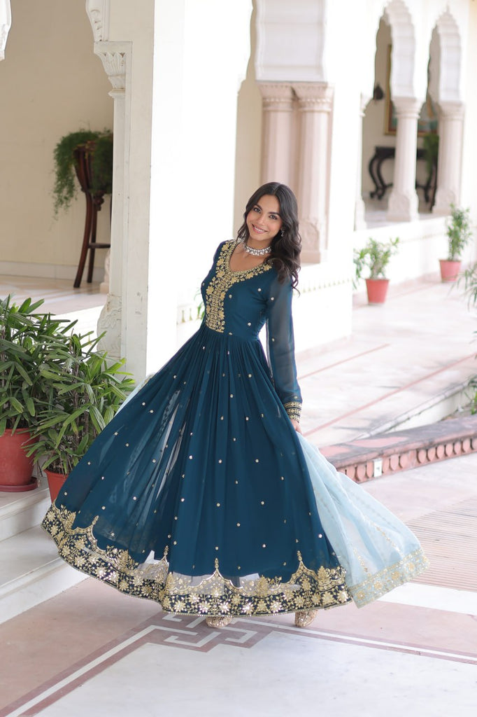 Blue Embroidered Gown with Dupatta