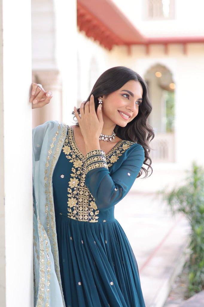 Blue Embroidered Gown with Dupatta