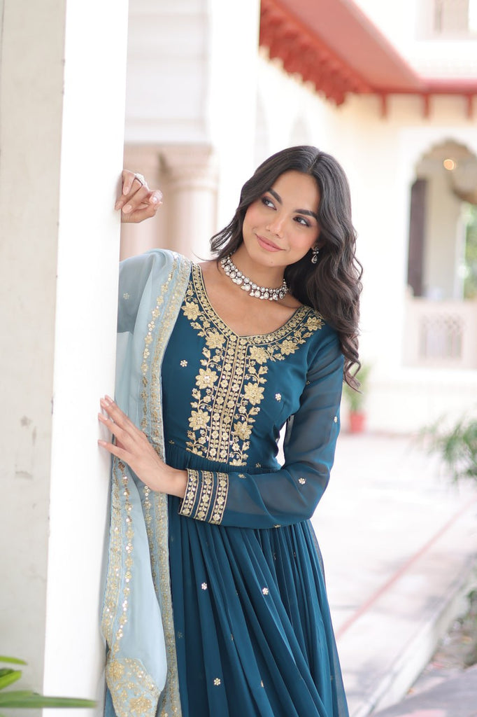 Blue Embroidered Gown with Dupatta