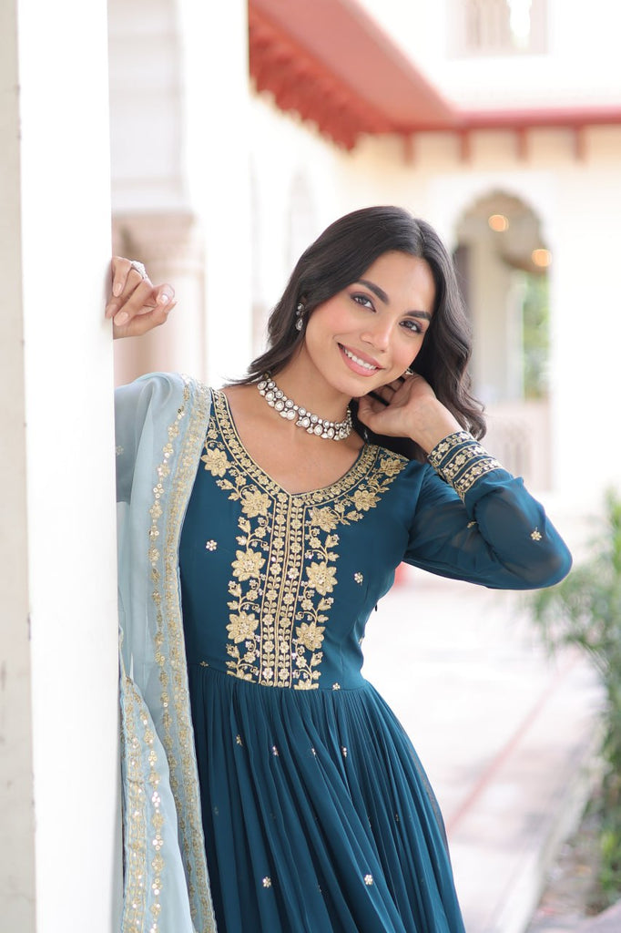 Blue Embroidered Gown with Dupatta