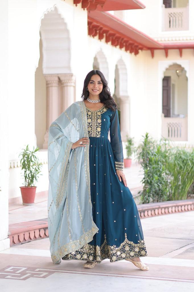Blue Embroidered Gown with Dupatta