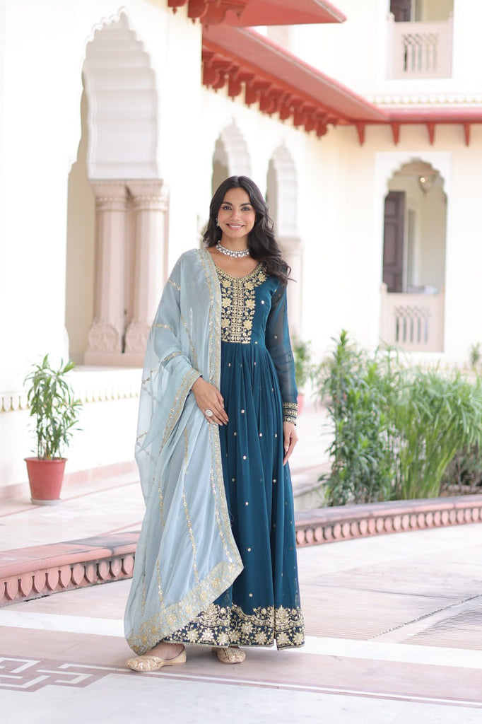Blue Embroidered Gown with Dupatta