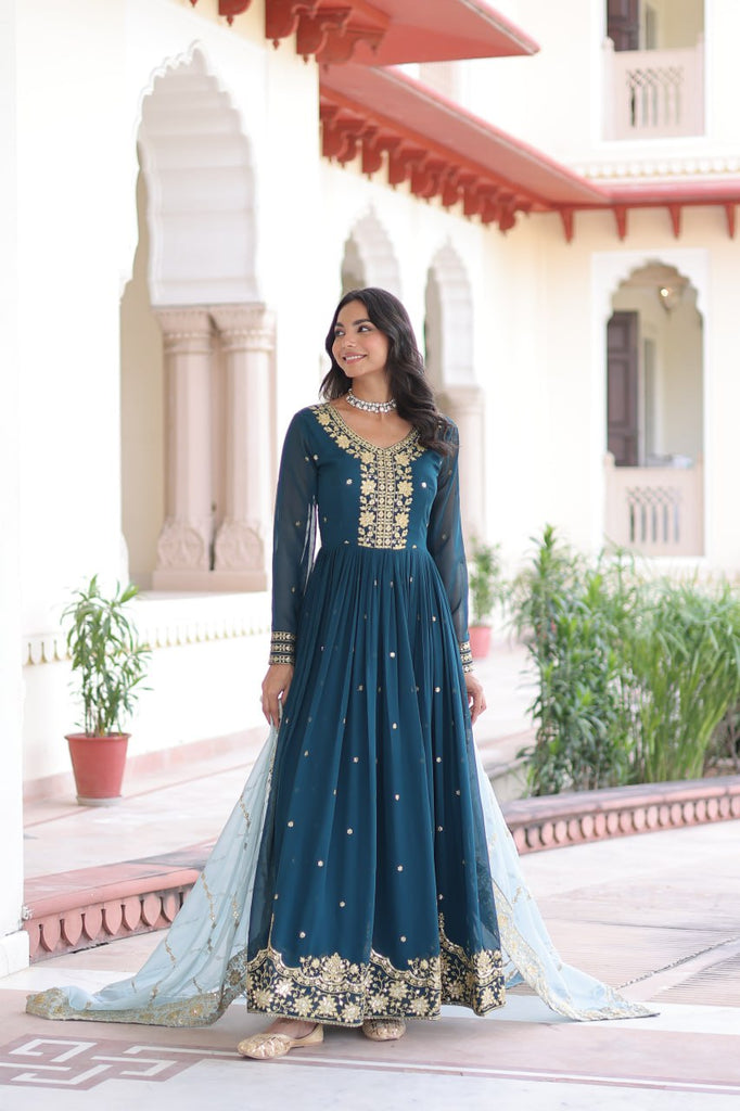 Blue Embroidered Gown with Dupatta