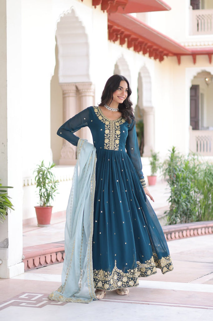 Blue Embroidered Gown with Dupatta