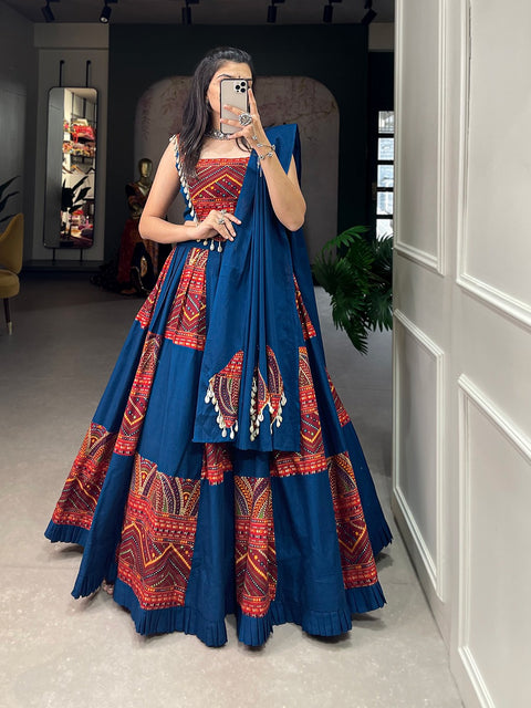 Blue Embroidered & Printed Pure Cotton Lehenga Choli Set ClothsVilla Main image