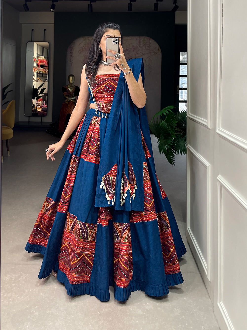 Blue Embroidered & Printed Pure Cotton Lehenga Choli Set ClothsVilla