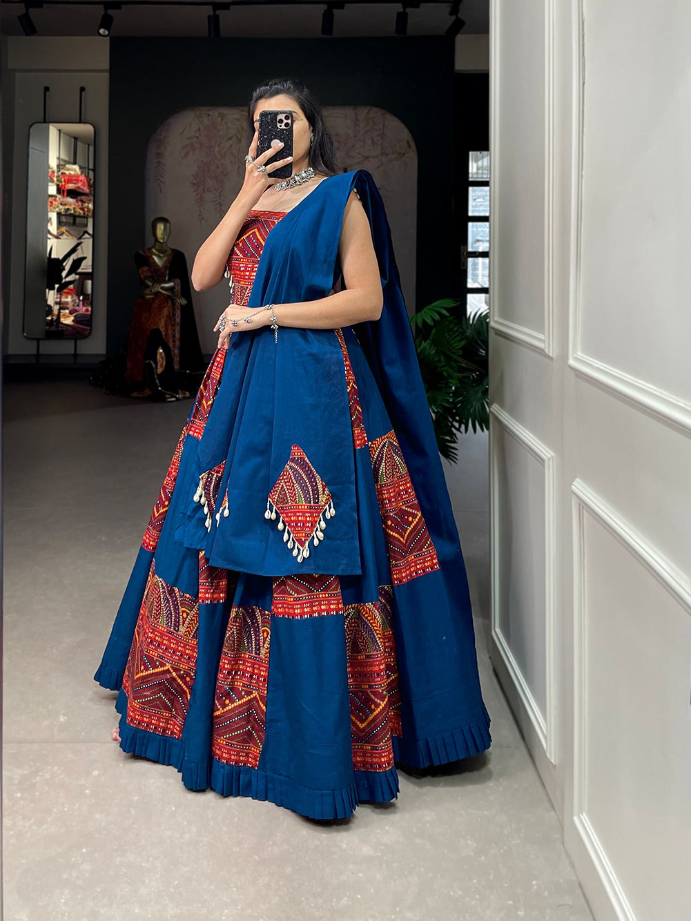 Blue Embroidered & Printed Pure Cotton Lehenga Choli Set ClothsVilla