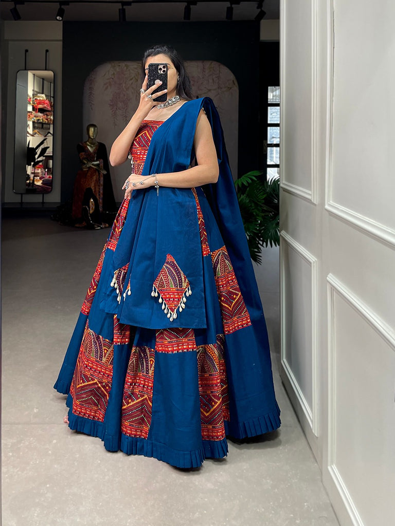 Blue Embroidered & Printed Pure Cotton Lehenga Choli Set