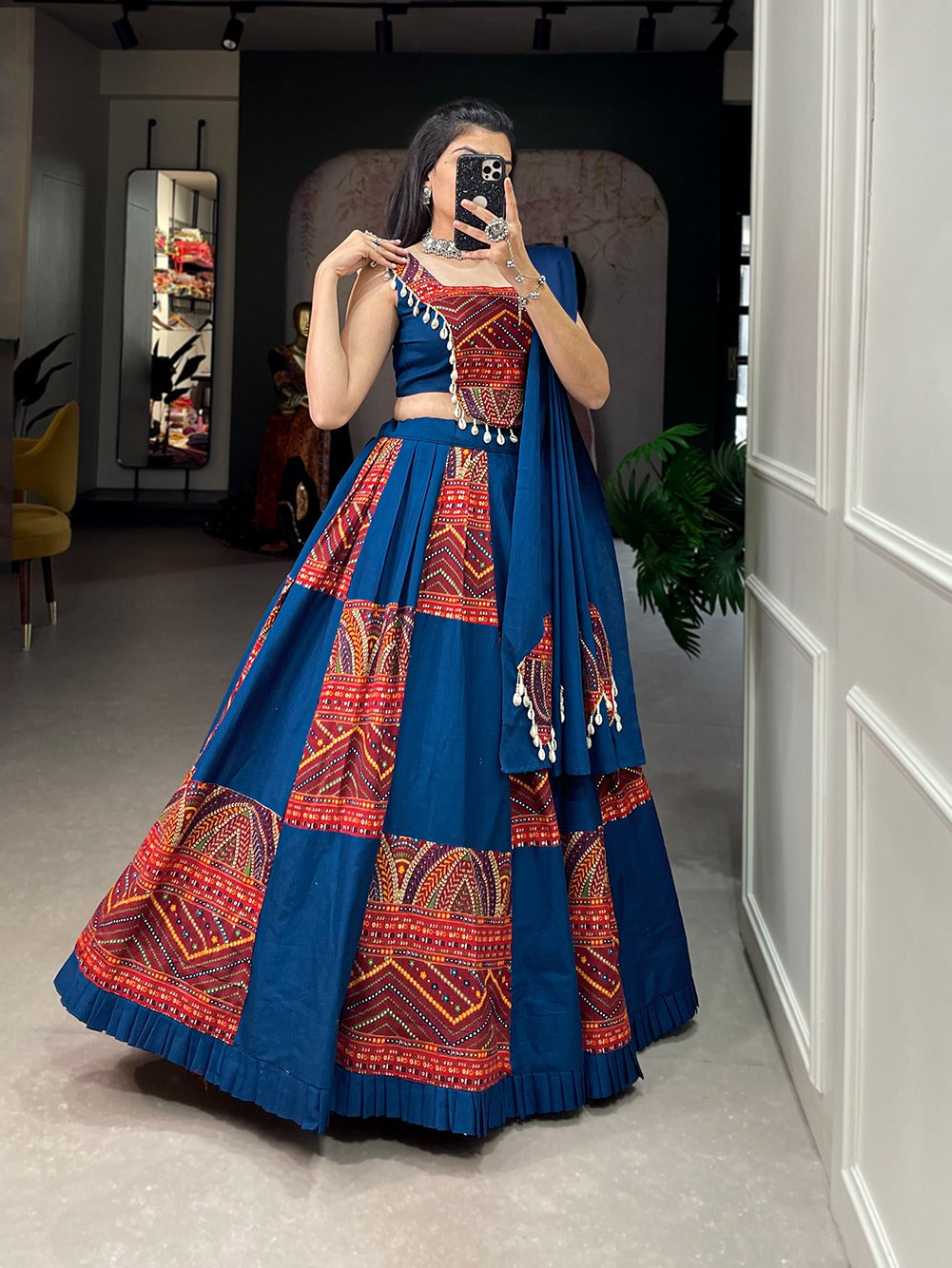 Blue Embroidered & Printed Pure Cotton Lehenga Choli Set ClothsVilla
