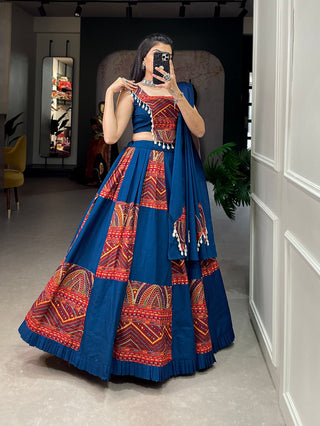 Blue Embroidered & Printed Pure Cotton Lehenga Choli Set ClothsVilla