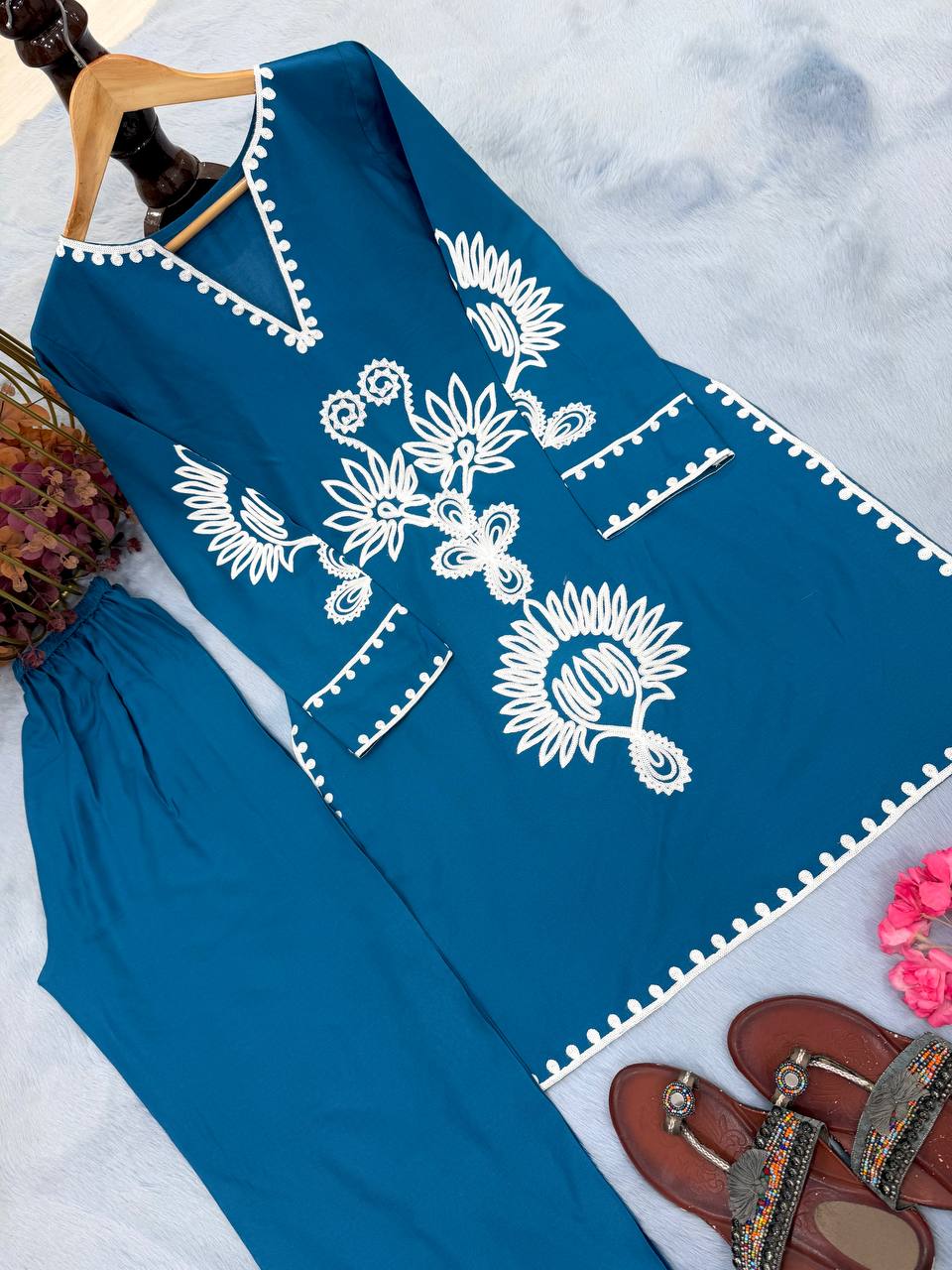 Blue Embroidered Rayon Co-ord Set ClothsVilla