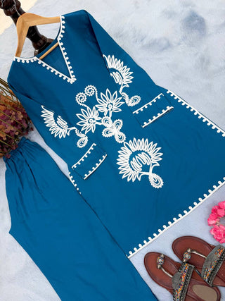 Blue Embroidered Rayon Co-ord Set ClothsVilla