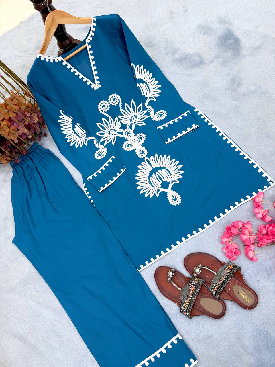 Blue Embroidered Rayon Co-ord Set ClothsVilla
