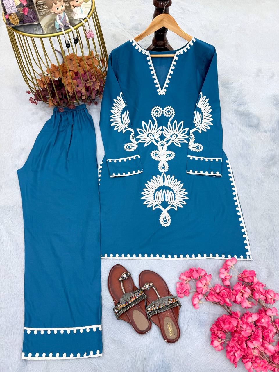 Blue Embroidered Rayon Co-ord Set ClothsVilla