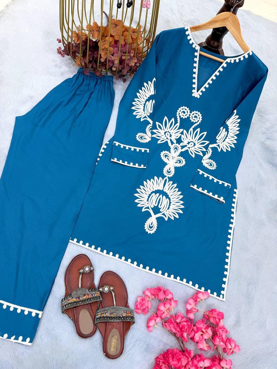 Blue Embroidered Rayon Co-ord Set ClothsVilla