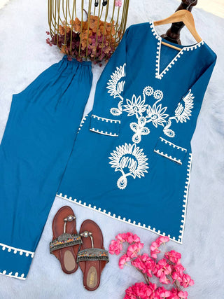Blue Embroidered Rayon Co-ord Set ClothsVilla