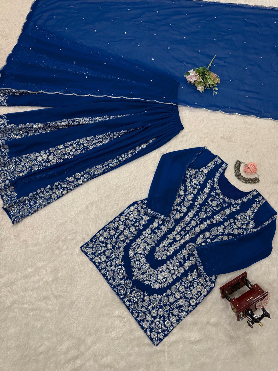 Blue Ethnic Elegance Faux Georgette Thread & Sequin Embroidered Suit Set ClothsVilla