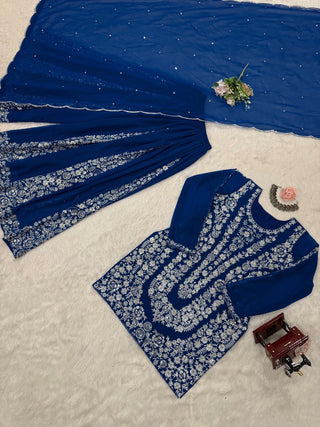 Blue Ethnic Elegance Faux Georgette Thread & Sequin Embroidered Suit Set ClothsVilla