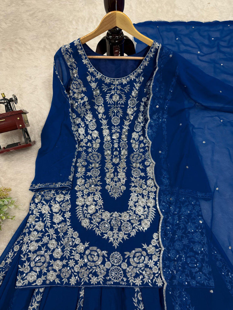 Blue Ethnic Elegance Faux Georgette Thread & Sequin Embroidered Suit Set ClothsVilla