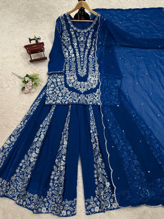 Blue Ethnic Elegance Faux Georgette Thread & Sequin Embroidered Suit Set ClothsVilla