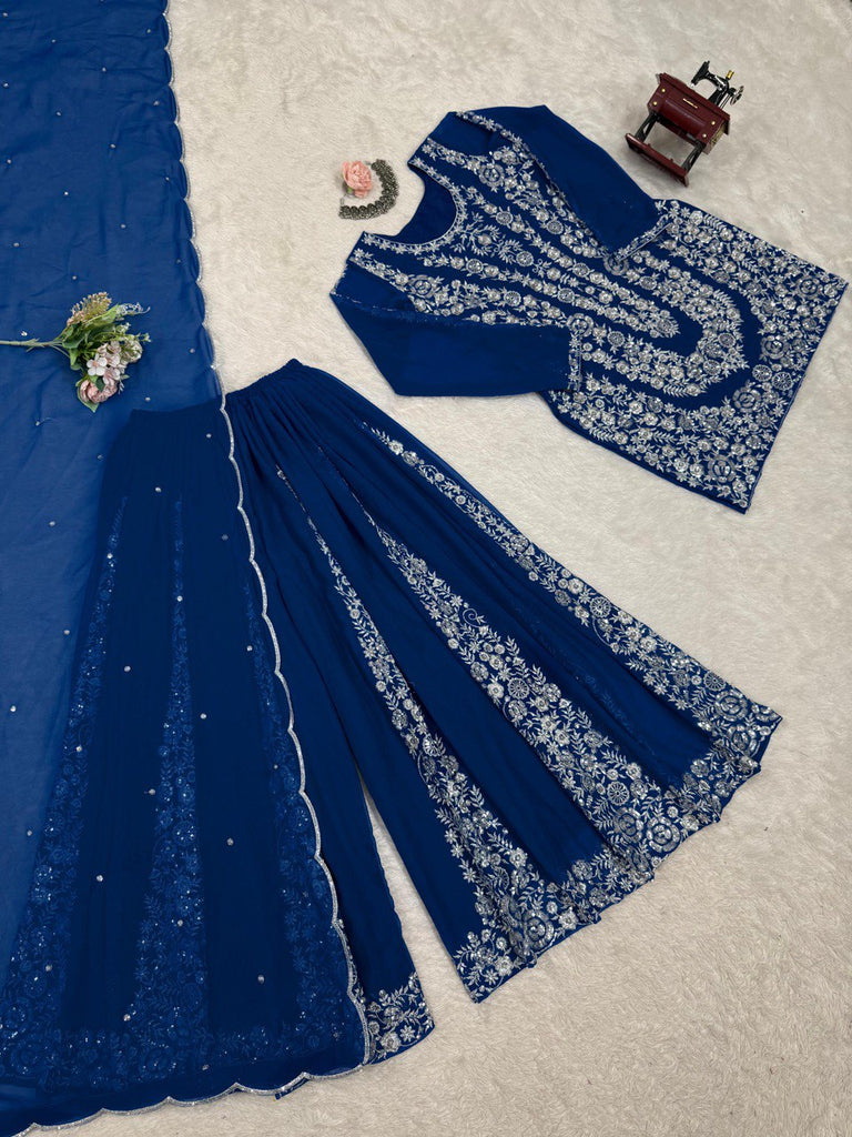 Blue Ethnic Elegance Faux Georgette Thread & Sequin Embroidered Suit Set ClothsVilla