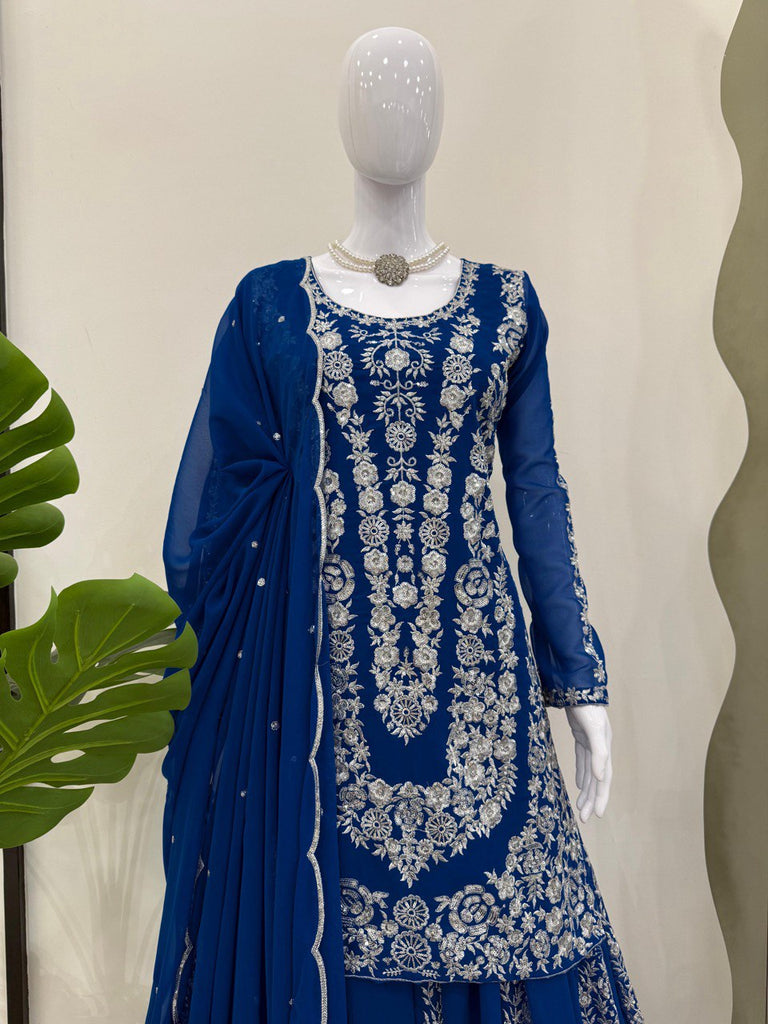Blue Ethnic Elegance Faux Georgette Thread & Sequin Embroidered Suit Set ClothsVilla