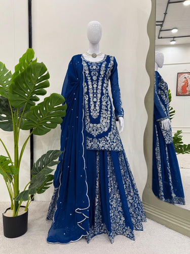 Blue Ethnic Elegance Faux Georgette Thread & Sequin Embroidered Suit Set ClothsVilla