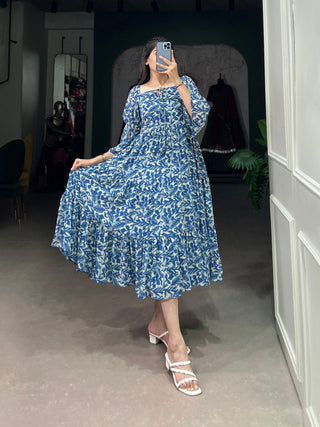 Blue Ethnic Elegance – Triple-Layer Georgette Frock