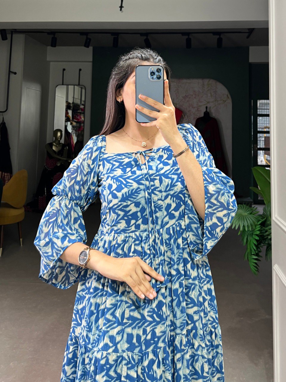 Blue Ethnic Elegance – Triple-Layer Georgette Frock