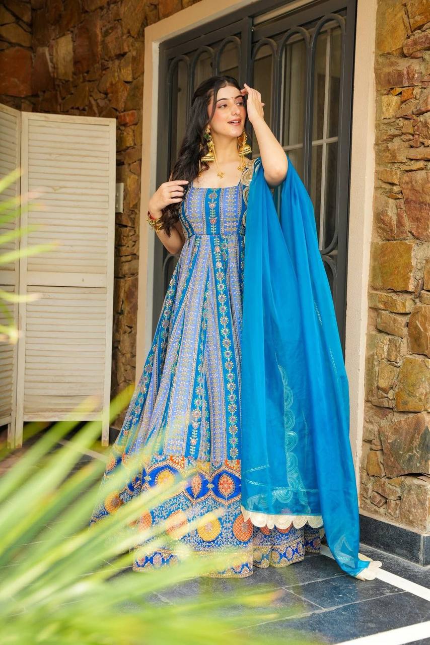 Blue Exclusive Jimmy Organza Silk Anarkali Gown with Dupatta ClothsVilla