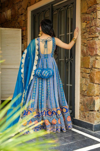 Blue Exclusive Jimmy Organza Silk Anarkali Gown with Dupatta ClothsVilla