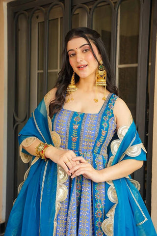Blue Exclusive Jimmy Organza Silk Anarkali Gown with Dupatta ClothsVilla
