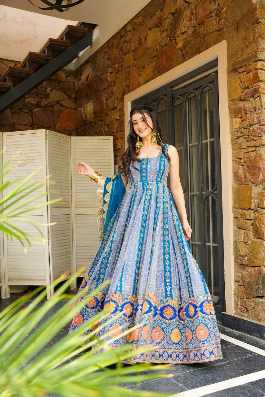 Blue Exclusive Jimmy Organza Silk Anarkali Gown with Dupatta ClothsVilla
