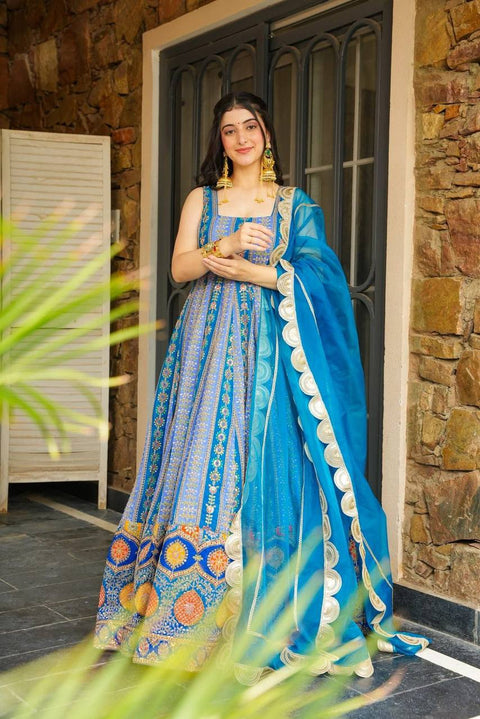 Blue Exclusive Jimmy Organza Silk Anarkali Gown with Dupatta ClothsVilla Main image