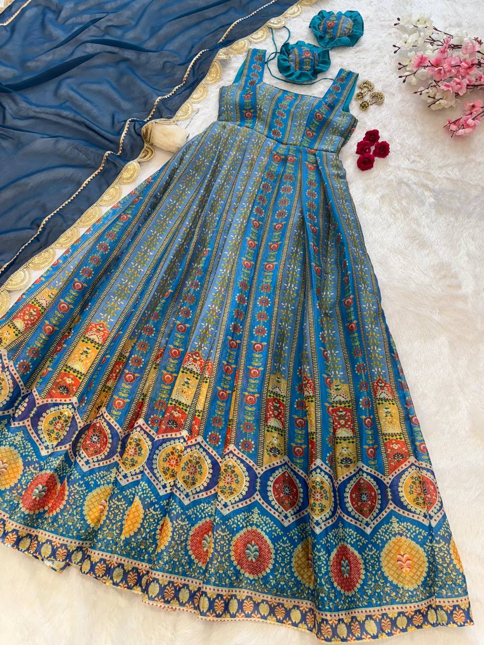 Blue Exclusive Jimmy Organza Silk Anarkali Gown with Dupatta ClothsVilla