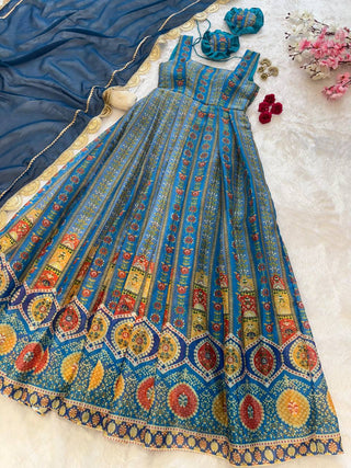 Blue Exclusive Jimmy Organza Silk Anarkali Gown with Dupatta ClothsVilla