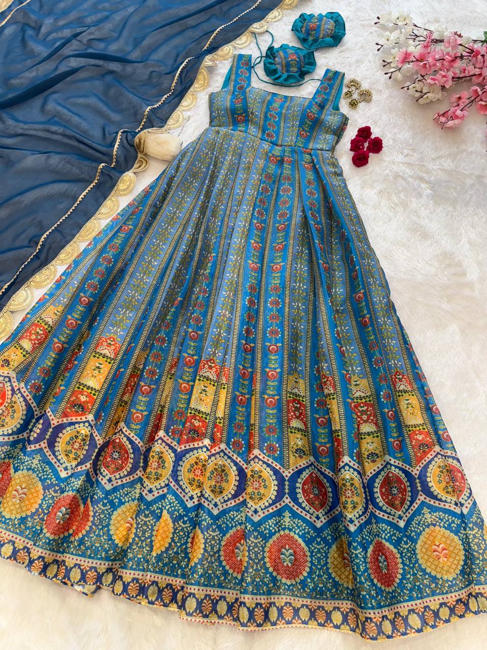Blue Exclusive Jimmy Organza Silk Anarkali Gown with Dupatta ClothsVilla