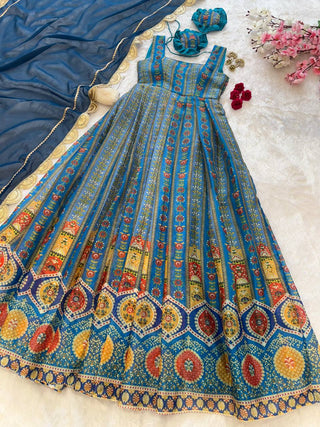 Blue Exclusive Jimmy Organza Silk Anarkali Gown with Dupatta ClothsVilla