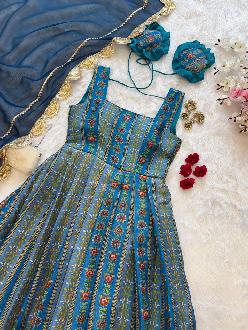 Blue Exclusive Jimmy Organza Silk Anarkali Gown with Dupatta ClothsVilla
