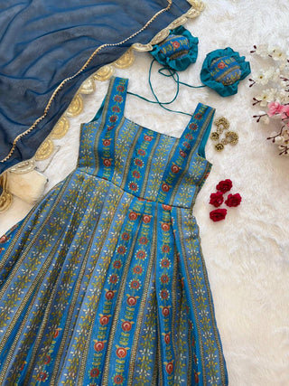 Blue Exclusive Jimmy Organza Silk Anarkali Gown with Dupatta ClothsVilla