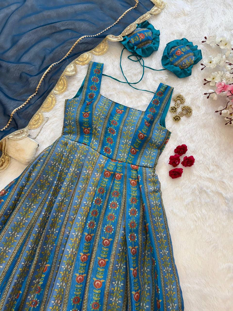 Blue Exclusive Jimmy Organza Silk Anarkali Gown with Dupatta ClothsVilla
