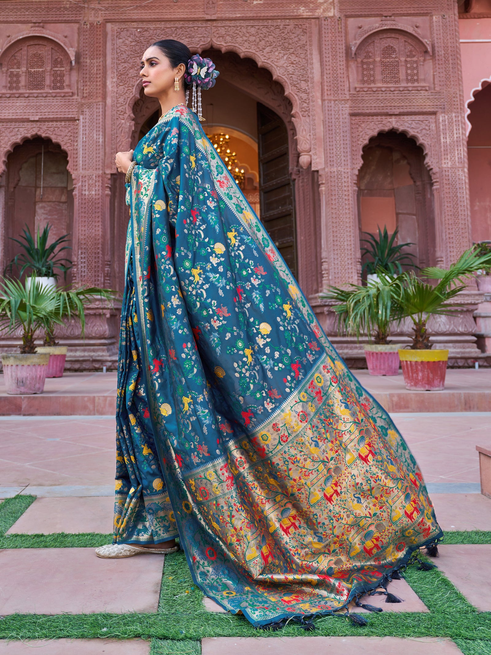 Blue Exquisite Banarasi Jacquard Art Silk Saree with Matching Border Blouse – Perfect for Weddings ClothsVilla