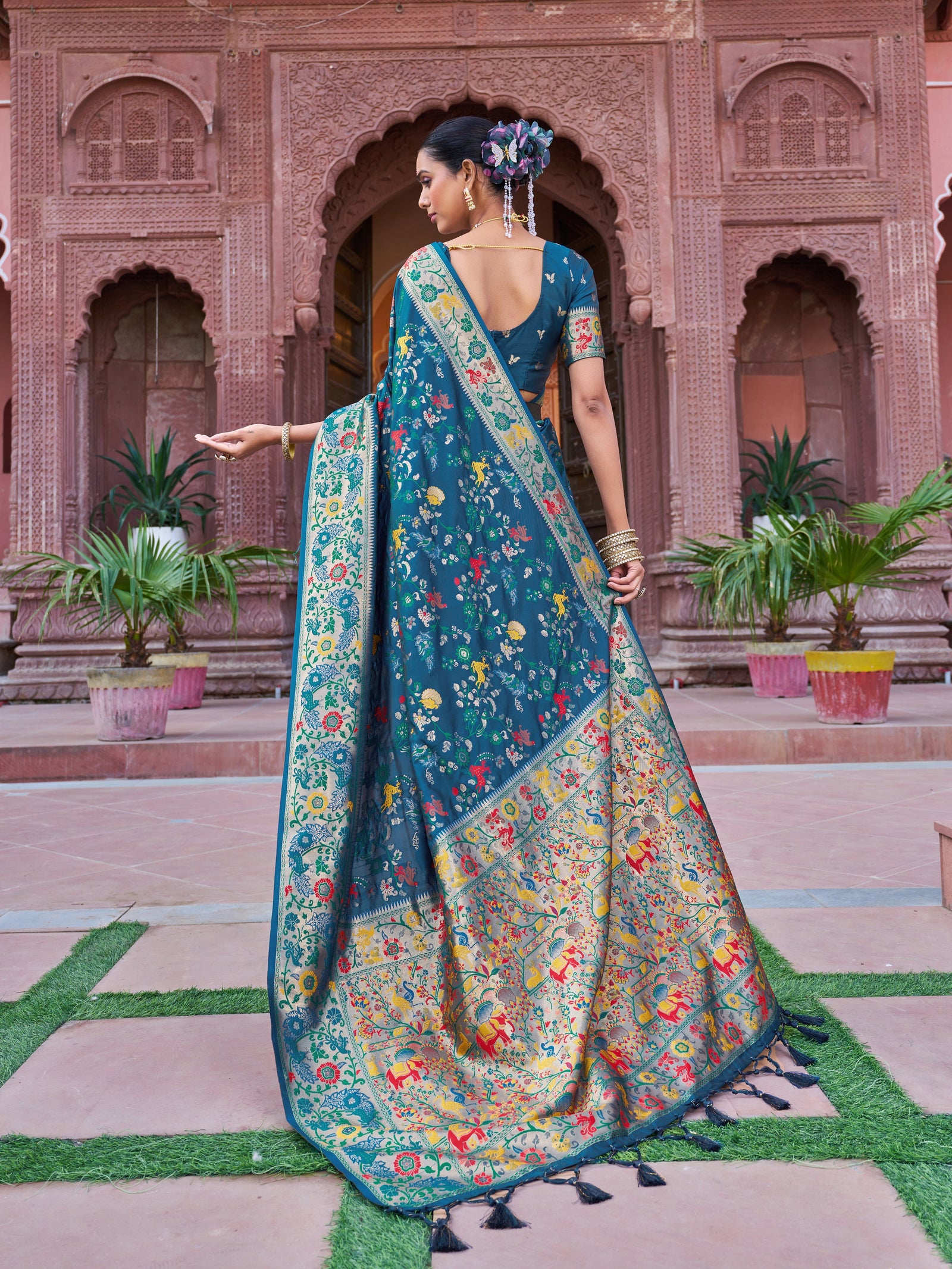 Blue Exquisite Banarasi Jacquard Art Silk Saree with Matching Border Blouse – Perfect for Weddings ClothsVilla