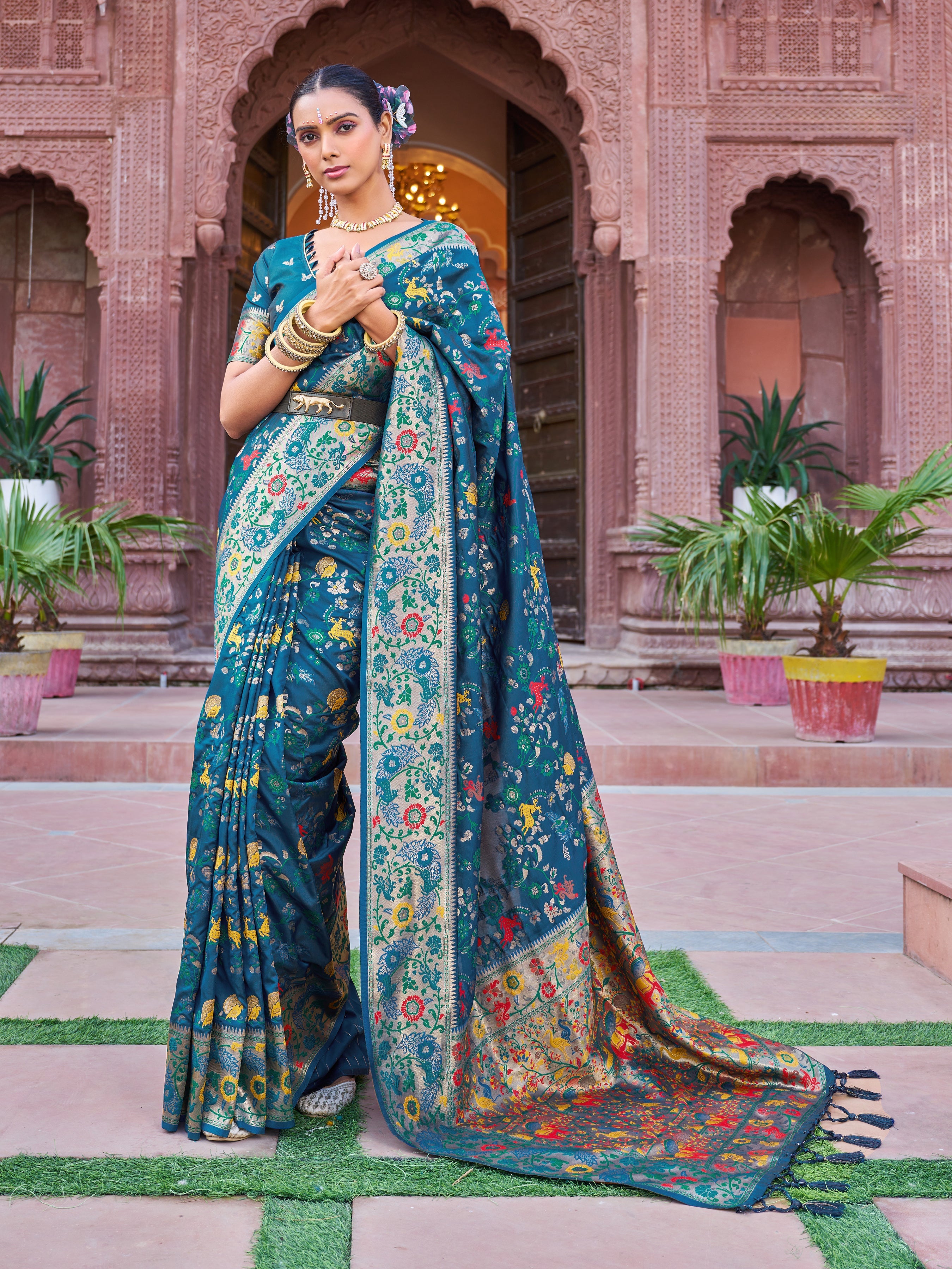 Blue Exquisite Banarasi Jacquard Art Silk Saree with Matching Border Blouse – Perfect for Weddings Secondary image