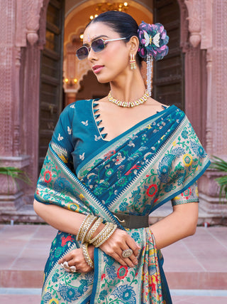 Blue Exquisite Banarasi Jacquard Art Silk Saree with Matching Border Blouse – Perfect for Weddings ClothsVilla