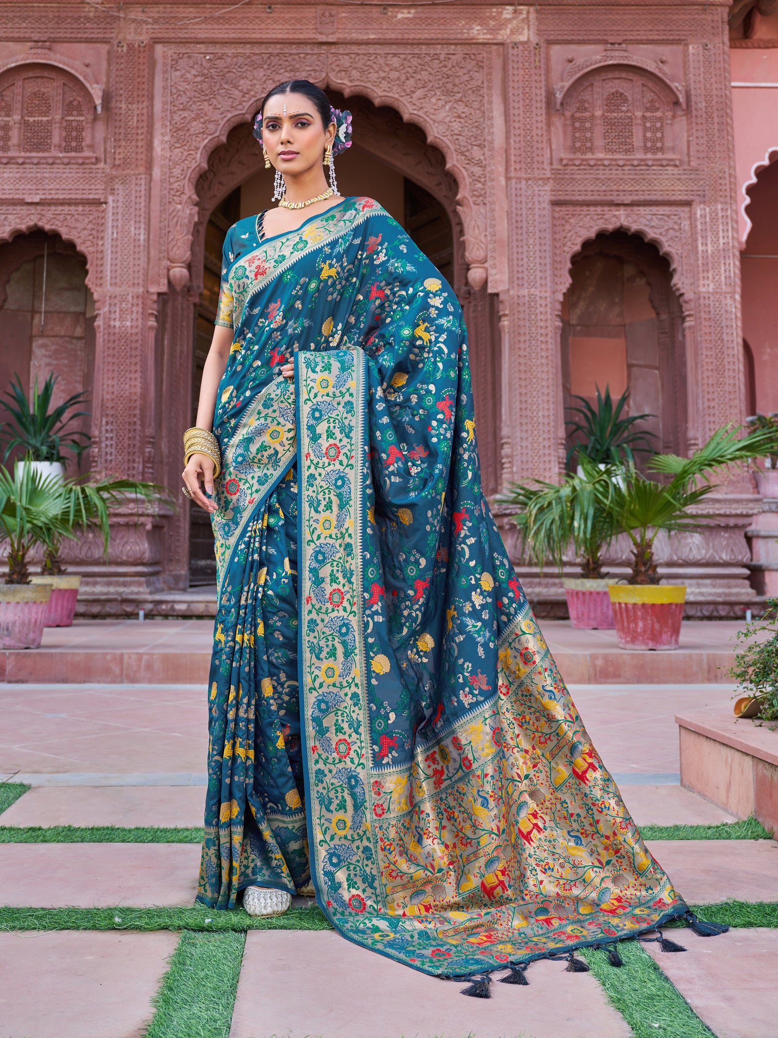 Blue Exquisite Banarasi Jacquard Art Silk Saree with Matching Border Blouse – Perfect for Weddings ClothsVilla