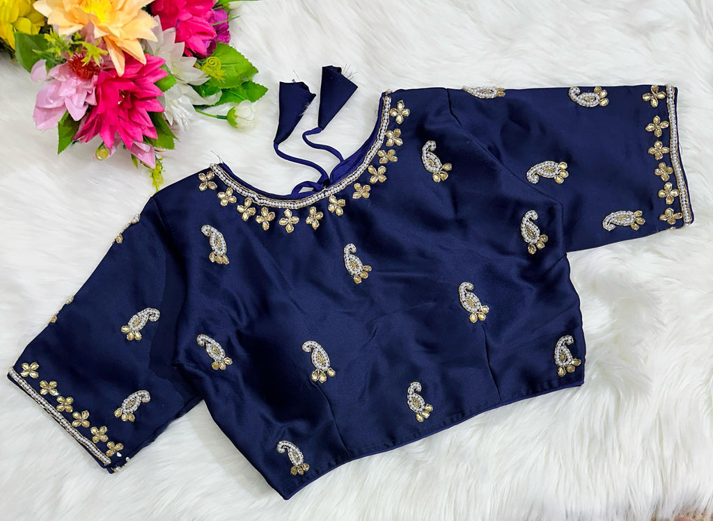 Blue Exquisite Hand-Embroidered Methu Silk Blouse ClothsVilla