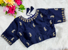 Load image into Gallery viewer, Blue Exquisite Hand-Embroidered Methu Silk Blouse ClothsVilla