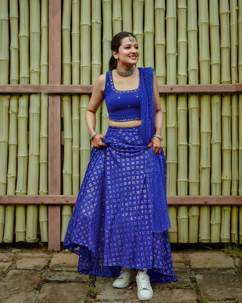 Blue Exquisite Heavy Georgette Embroidered Lehenga Set with Sequins & Net Dupatta ClothsVilla Main image